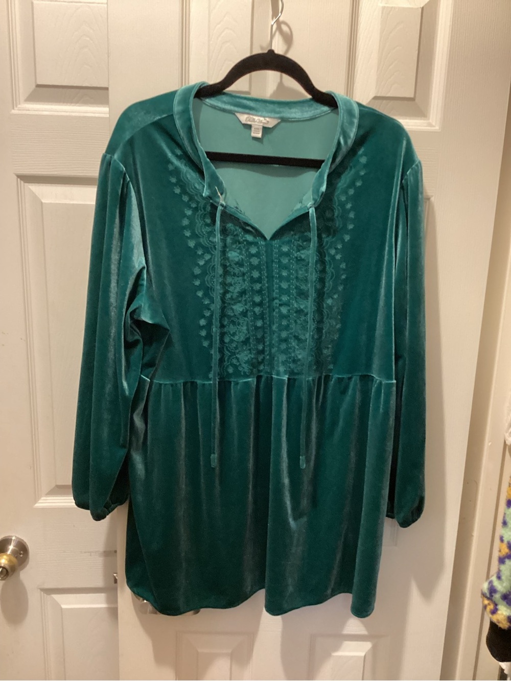 The Pioneer Woman Teal Velvet Embroidered Peasant Tunic